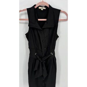 Ya Las Angeles Sleeveless Black Button-Up Dress W/ Belt Tie & Pleated Detail